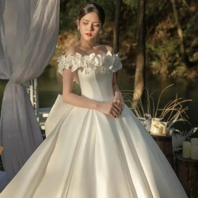 off-Shoulder Satin Main New Wedding Dress White Bridal Mori Fairy Temperamental Large Trailing