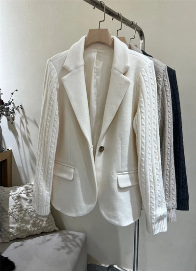 2024 Autumn Women Single Button Blazers Coat Winter B*C New Cashmere Patchwork Knitted Outwear Long Sleeve Chic Vestes