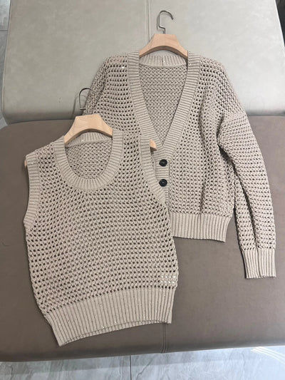 Women's Solid Color Spring/Summer Sequins Natural Combed Cotton Knit Vest Cardigan Jacket