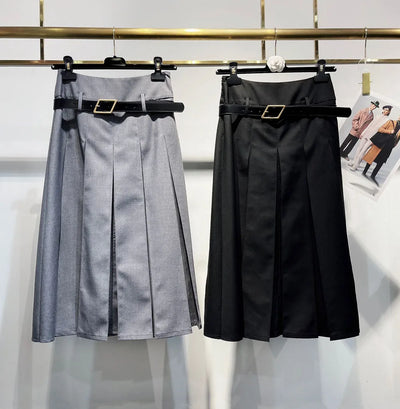 High quality hot sale women solid pleated skirts high waist belt wool long skirt black grey