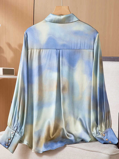 High Quality High-End Heavy Real Silk Satin Shirt for Women 2024 Spring New Printed Stand Collar Long Sleeve