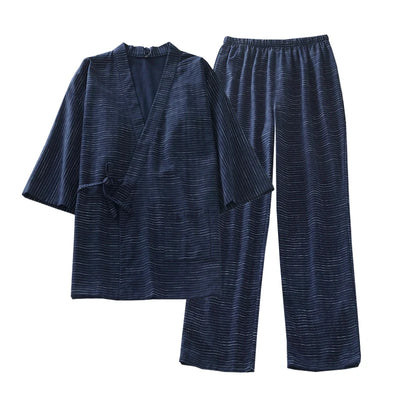 Japanese Kimono Pajamas men Single Woven Cotton Striped Long Sleeve Seven Quarter Sleeve Trousers Thin Sweat Steaming Home Wear