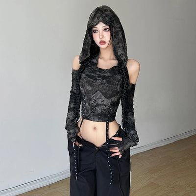 Designer American Hot Girl Waist Hollow-out Long-Sleeved T-shirt Women's Metal Buckle Stitching Navel Hooded Top