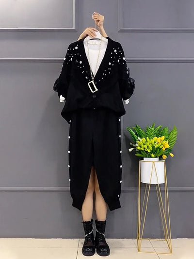 Oversized Women's Clothing Spring Autumn New Fashion V-neck Diamond Lace Knitted Cardigan Two-Piece Fashion Bead Casual Pants