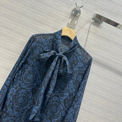 EVACANDIS 100% Real Silk Women Spring Summer New Long Sleeve Lace-up Collar Printing Shirts Beach Style Luxury Elegant Sweet