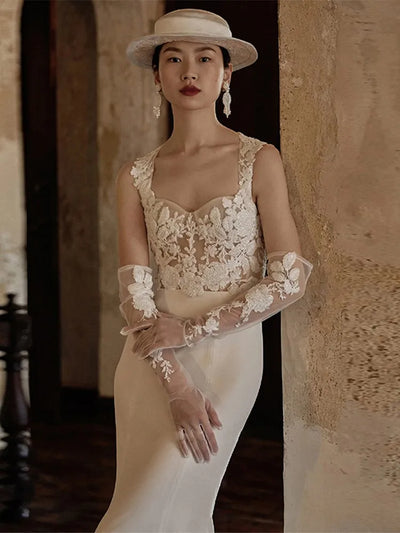 French Retro Light Wedding Dress Bride Fishtail Hepburn Style Veil Simple Satin Lace Strap Luxury Evening