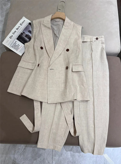 Casual Pants Suit Linen Blazer Jacket Vest Pencil Pants Sets High Quality