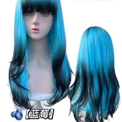 Gradient Blue Bangs Gothic Style Punk Personality Lady Wig Realistic Wigs