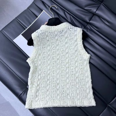 EVACANDIS Women New Hollow Out Knitted Vest Wool Blend O-Neck Elegant Solid Embroidery Hem Sleeveless High Quality Solid Tops