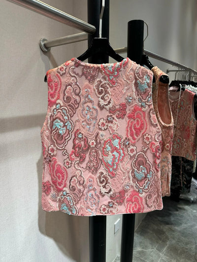 EVACANDIS Embroidery Floral O-Neck Single Breasted Sleeveless Tops Pink Vintage Chic Sweet Fairycore Women Vest New High Quality