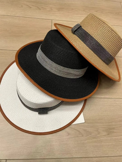 Classic Flat Straw Sun Hat 24 Summer B*C Women's Cap Bead Chain   Braided Beach Hat