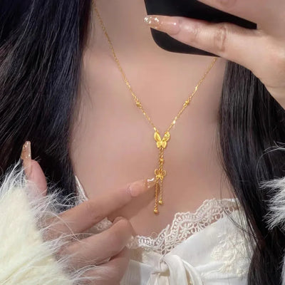 Butterfly tassel necklace 9999 real gold 24K  new fantasy butterfly pendant clavicle chain