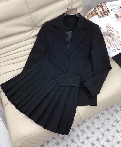autumn new women elegant skirt set solid single breasted blazer + high waist pleated mini skirt office lay 2 pieces set black
