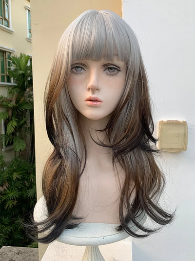 Gradient Color Bangs Long Straight Hair Layered Dyed Women's Wig Realistic Wigs