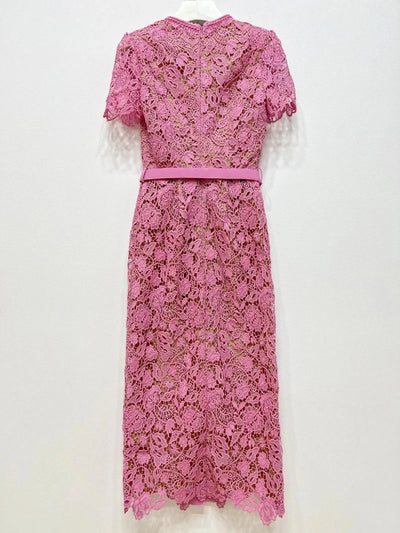 EVACANDIS Spring New Style Water-Soluble Lace Floral Hollow Out Spliced Short Sleeve Sexy Pink Women Midi Dress Single Breasted