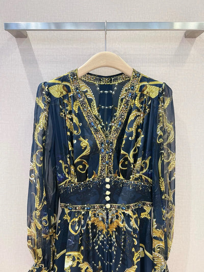 EVACANDIS 100% Real Silk Long Puff Sleeve Women High Quality V-Neck Printing Midi Dress Tunic Vintage Elegant Bohemian Luxury