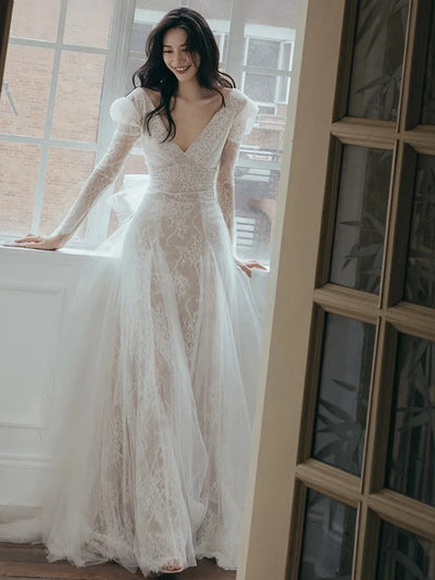 French Style Fishtail Light Wedding Dress Luxury Minority Lace Long Sleeve Veil Banquet Bride Welcome