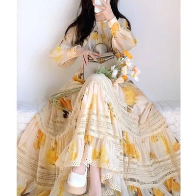 New Style Platycodon Grandiflorum French Tea Break Long Skirt Quality Yellow Printed Sleeve Dress for Women