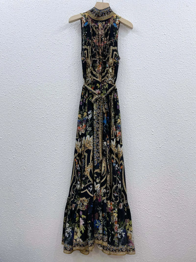 EVACANDIS 100% Real Silk High Quality Women Sleeveless Floral Printing Midi Dress Luxury Chic Bohemian Vintage Runway Designer