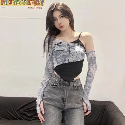 Designer Hot Girl Irregular off-Shoulder Top Short Slim Fit Sneaky Design Fake Two-Piece Long Sleeve T-shirt Fashion