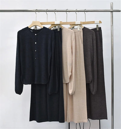 Women Casual Sweaters Set Round Neck Wool Thin Knit Cardigan / Same Style Wide-leg Trousers Clothing