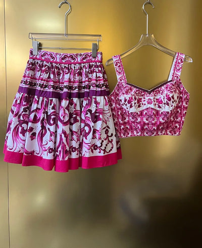 HIGH QUALITY  Summer Women  Fuchsia And White  Porcelain Print Cotton Corset Top and Mini Skirt Set  Fashion Holiday Outfit 2024