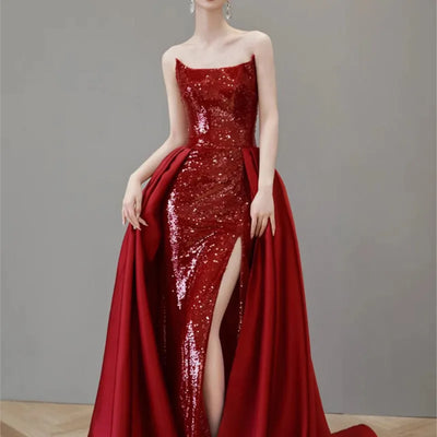 Wine Red Toast Clothing Sense Banquet Temperament Light Luxury Elegant Host Sequined Female Dress