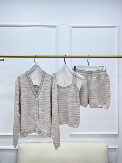 3-Piece Knitted Shorts Set for Women, V-Neck Cardigan, Sling Vest, Tank Top, Short Sets, Women's Clothing, New, 2024