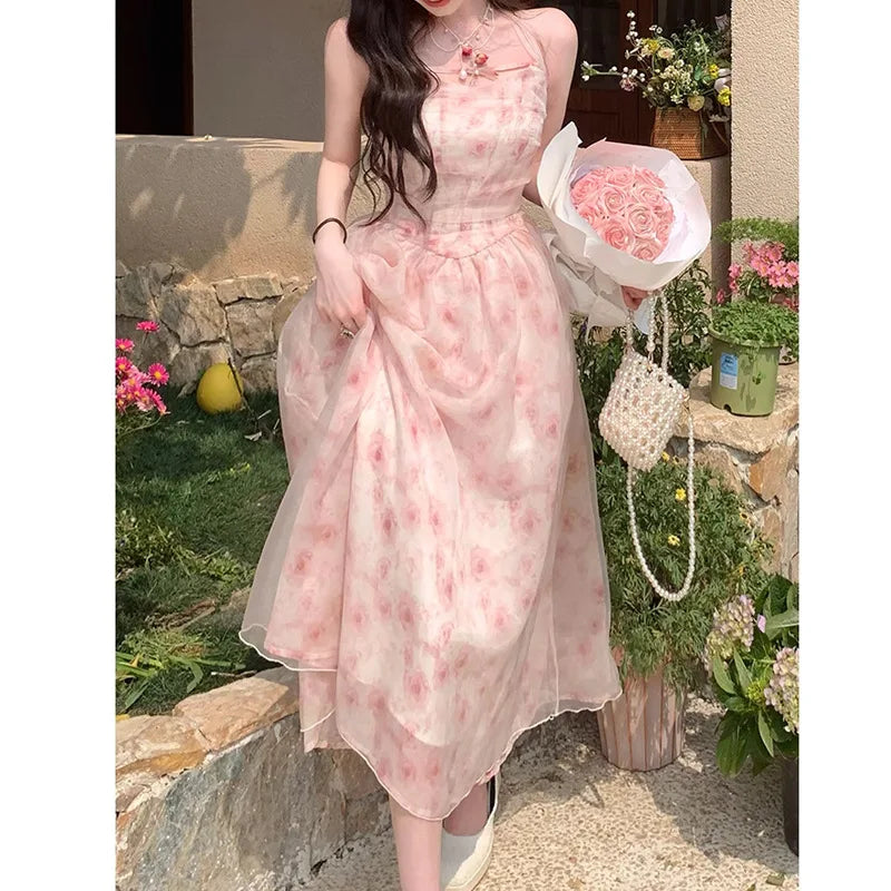 Womens Dresses Party Wedding Slim Pink Rose Chiffon Floral High Waist Long Dress 2024 Robe Elegant Korean Reviews Many Clothes