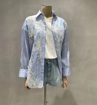 High quality embroidery lace patchwork blue white striped loose long shirts women single breasted blouses tops