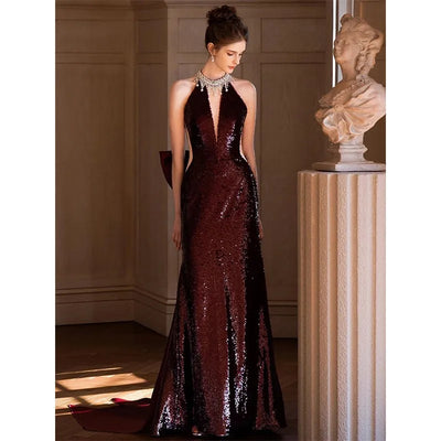 Sequin toasting dress with wine red party vibe Hanging neck heavy industry fishtail