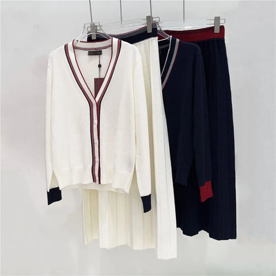 Women's Skirt Suit 2024 New V-Neck Striped Knitted Cardigan + High Waist Pleated Skirts 2-piece Set