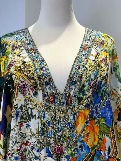 High Quality Autumn Women Fashion Runway Designer 100% Silk Beaded Flower Printed V-Neck Casual Flare Sleeve Long Dress