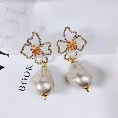 EVACANDIS Crystal Flower Pearl Handmade Gold Plated Drop Dangle Earrings for Women Zircon S925 Sterling Silver Needle Designer