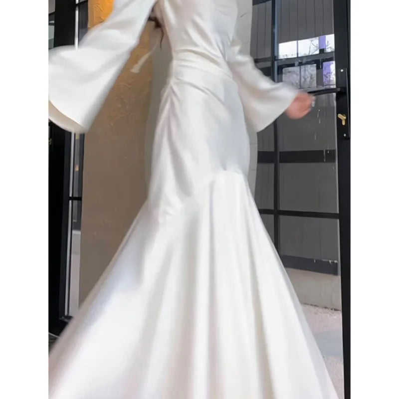 Long Sleeve Fishtail Dress Early Satin Collar White