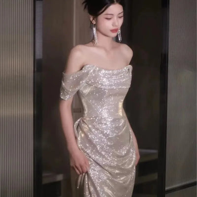A word shoulder light luxury niche sense silver temperament sequin toast dress host female