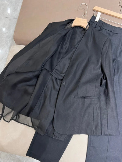High Quality Linen Black Suit Suit Blazer Jacket + High Waist Wide Leg Trousers 2 Piece Set  spring Qutumn New