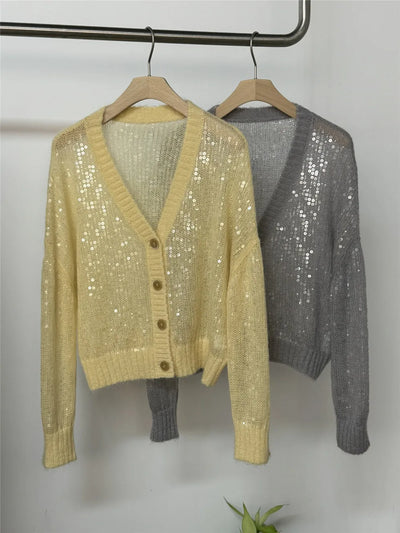 Women's Mohair Blended Sequins Cardigan v-neck Knitted Top Fall B*C New