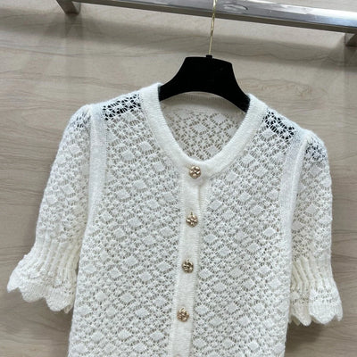 EVACANDIS Women New Plaid Lace Puff Sleeve Single Breasted O-Neck Knitted Tops Floral Buttons Hollow Out Solid Sweet Elegant