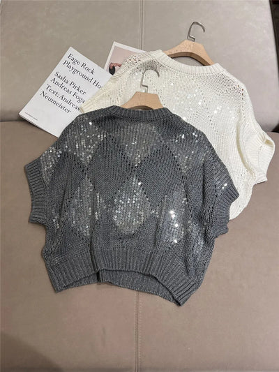 2024 Spring Summer B*C Women's Embroidered Sequinned Knitwears Female Cotton Linen Pullover Sweater