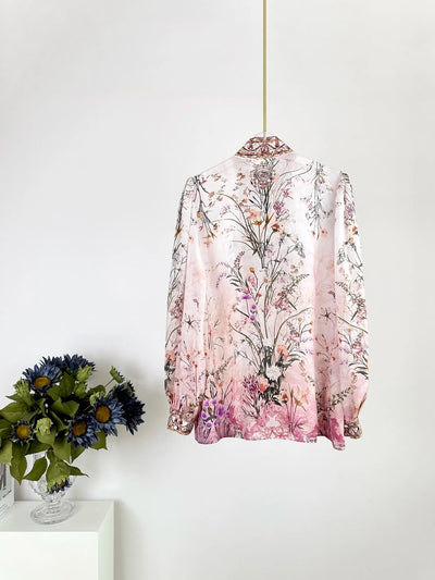 EVACANDIS 100% Real Silk Runway Designer Vintage Women New Autumn Winter Long Puff Sleeve Shirt Floral Printing Elegant Blouse