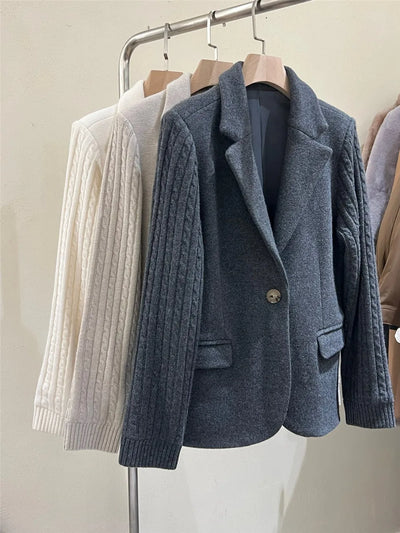 2024 Autumn Women Single Button Blazers Coat Winter B*C New Cashmere Patchwork Knitted Outwear Long Sleeve Chic Vestes