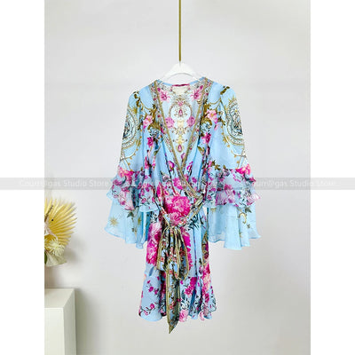 2024 Summer Silk Mulberry Silk Tie Waist Cardigan Style Dress Long Sleeve Printed Holiday Style Beach Dress