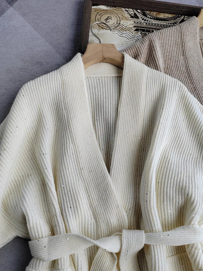 Merino wool sequinned yarn wrap on high quality cardigan