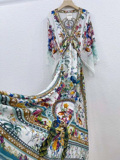 EVACANDIS 100% Real Silk Women Diamond Floral Printing Midi Dress Elegant Chic V-Neck Flare Sleeve Bohemian Vintage High Quality