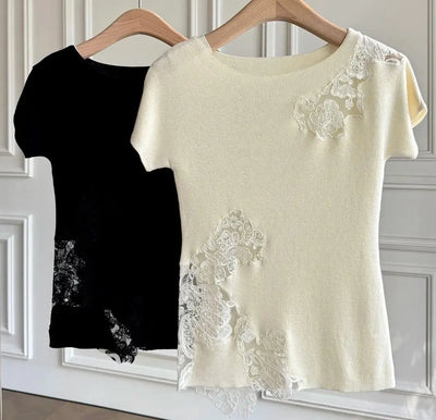 2024 spring New arrival designer knitting embroidery Lace floral hollow tee t shirts top brand clothing for women
