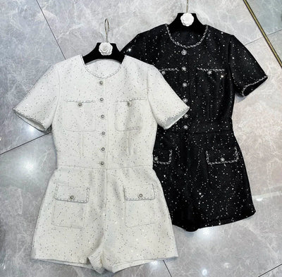 Hot sale 2024 new women sequins chains tweed jumpsuits nuttons pockets short sleeve rompers playsuits white black