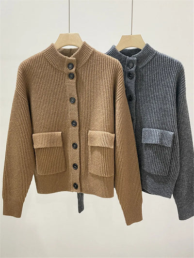 2023 Double Pockets 100% Cashmere Cardigan Coat Single Breasted Long Sleeve Knit Sweater