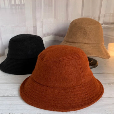 Autumn and Winter Elegant Ladies Solid Color Black All-match Wool Bucket Hat Basin Hat