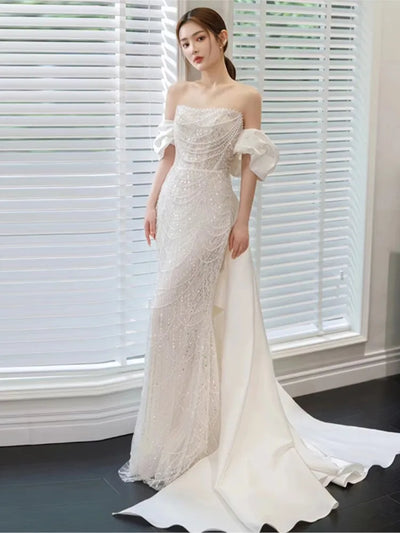French Light Wedding Dress Heavy Industry Fishtail Luxury Bride Welcome Yarn Banquet Host off-the-Shoulder Gown Female
